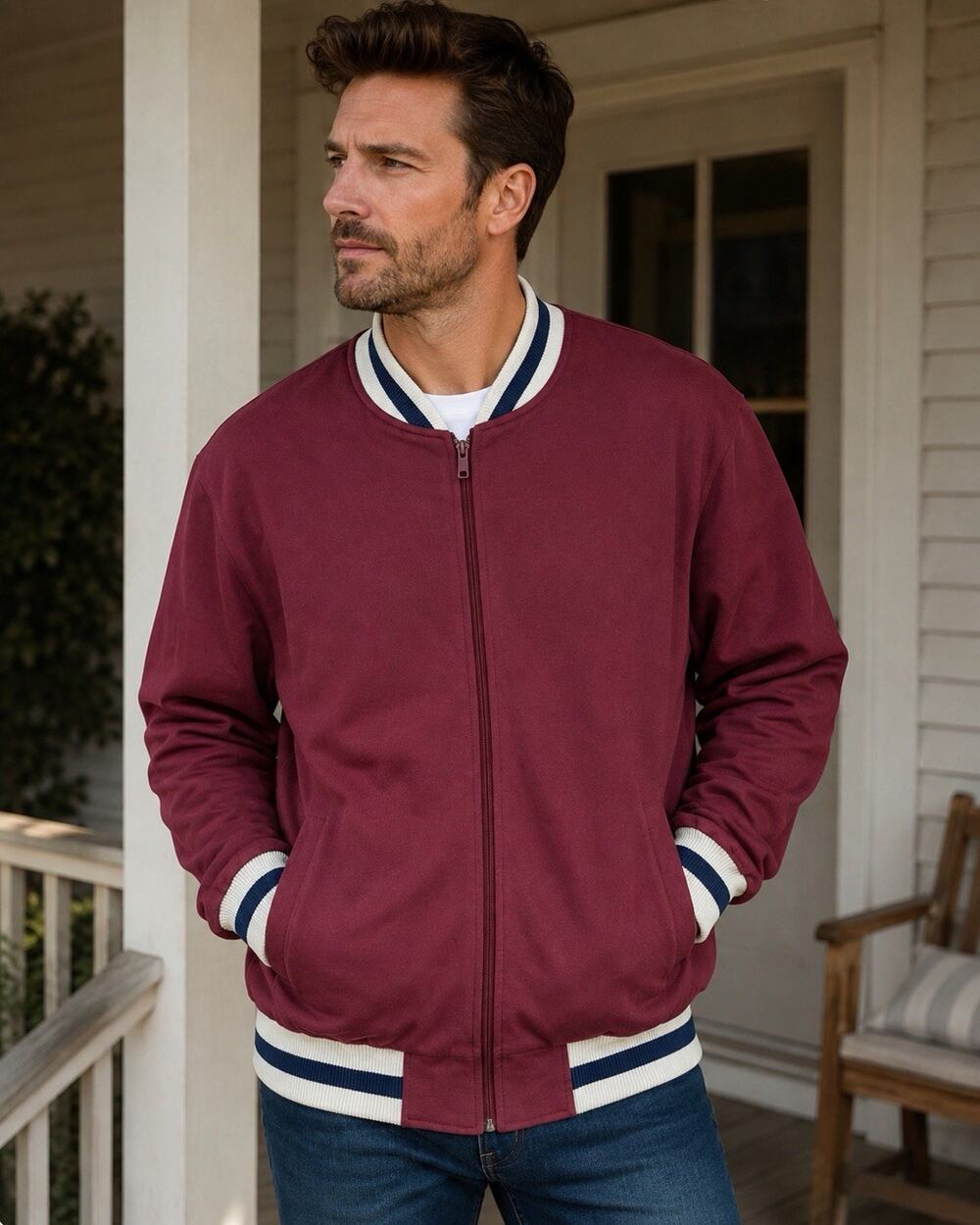 Scandia Woods Men XL Burgundy Full Zip Bomber Jacket Varsity